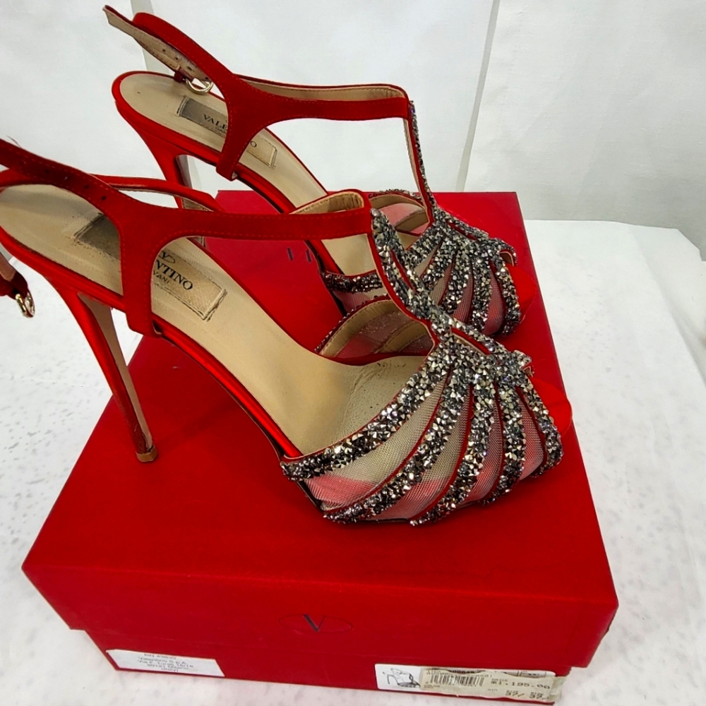 VALENTINO Red Shoes 5" Heels Crystal Embellished, Sexy, Strappy! Sz 37